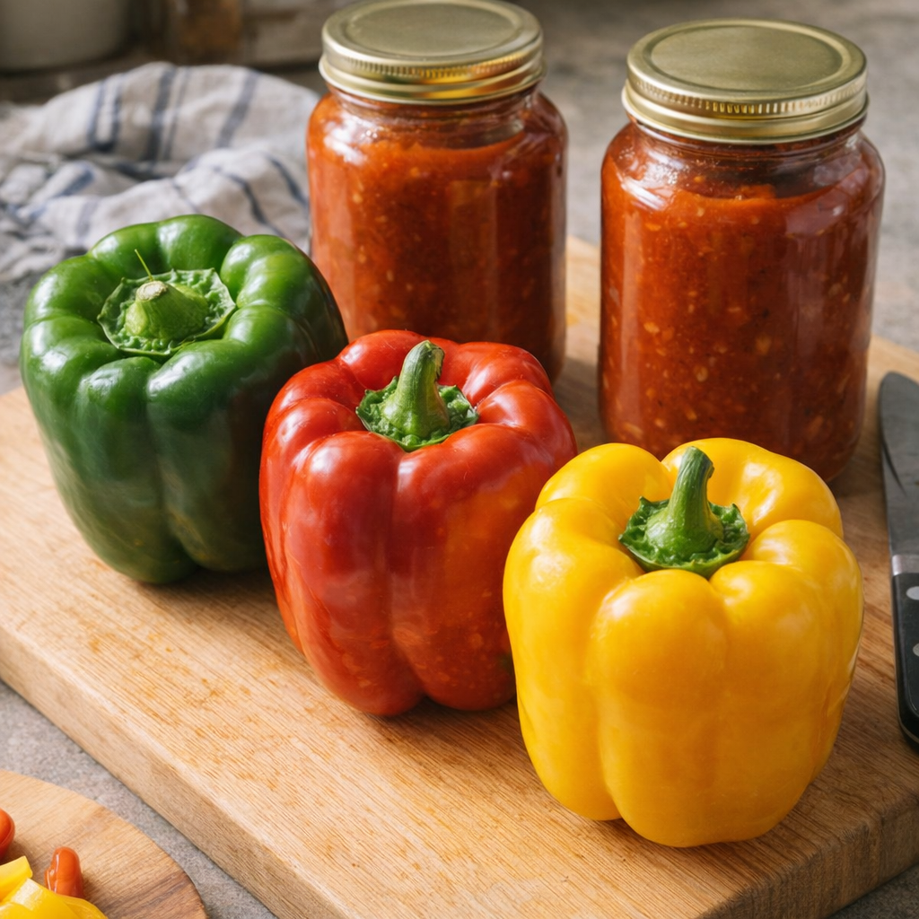 Colorful bell peppers and sauce options on a kitchen counter
