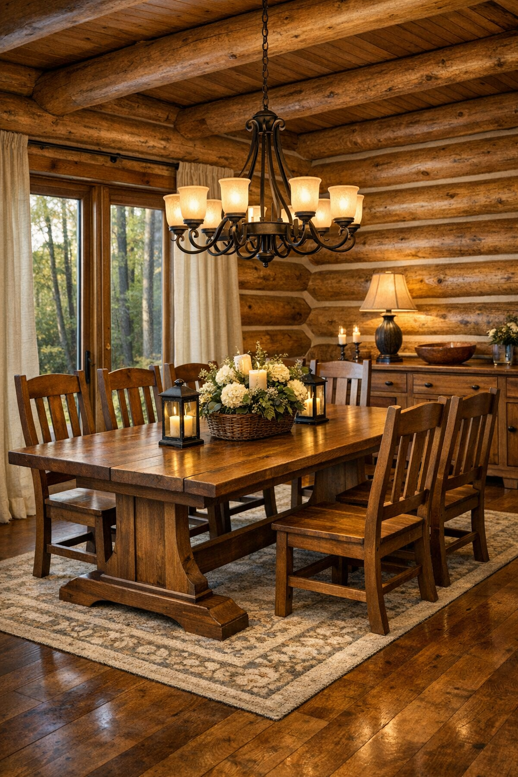Traditional dining room with solid wood table, Amish craftsmanship, and warm chandelier lighting