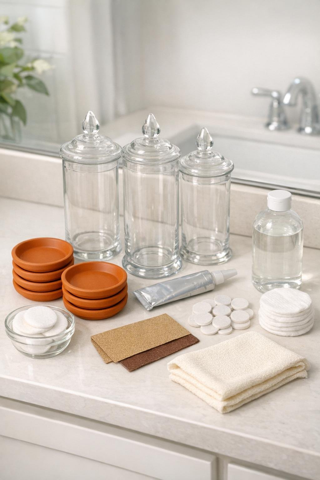 Materials for a bathroom toiletry riser arranged on a counter
