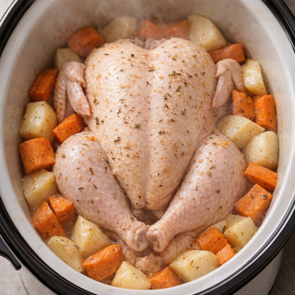 Slow cooker chicken with added carrots and potatoes