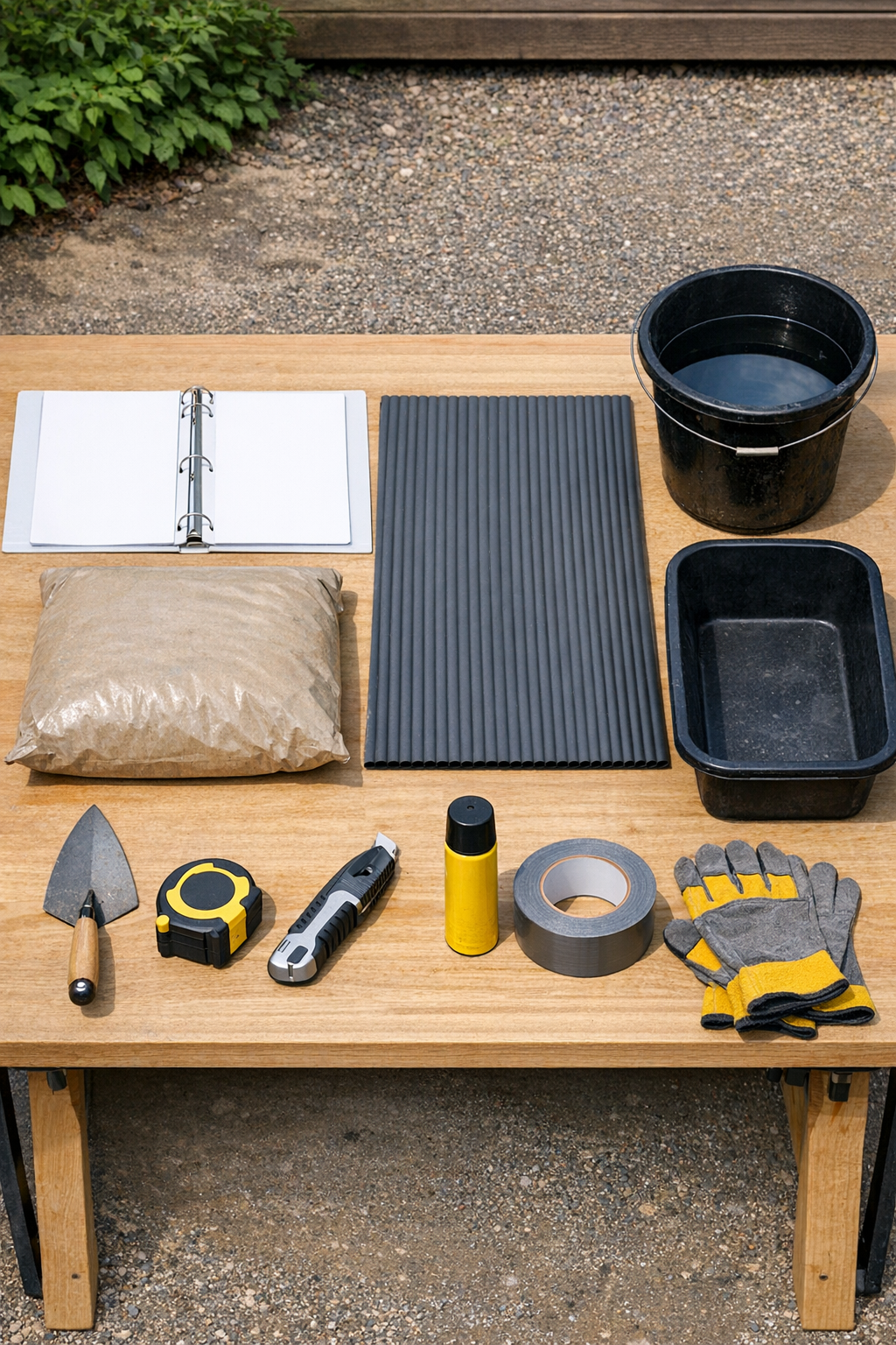 Materials for making angled concrete yard edging laid out on a worktable