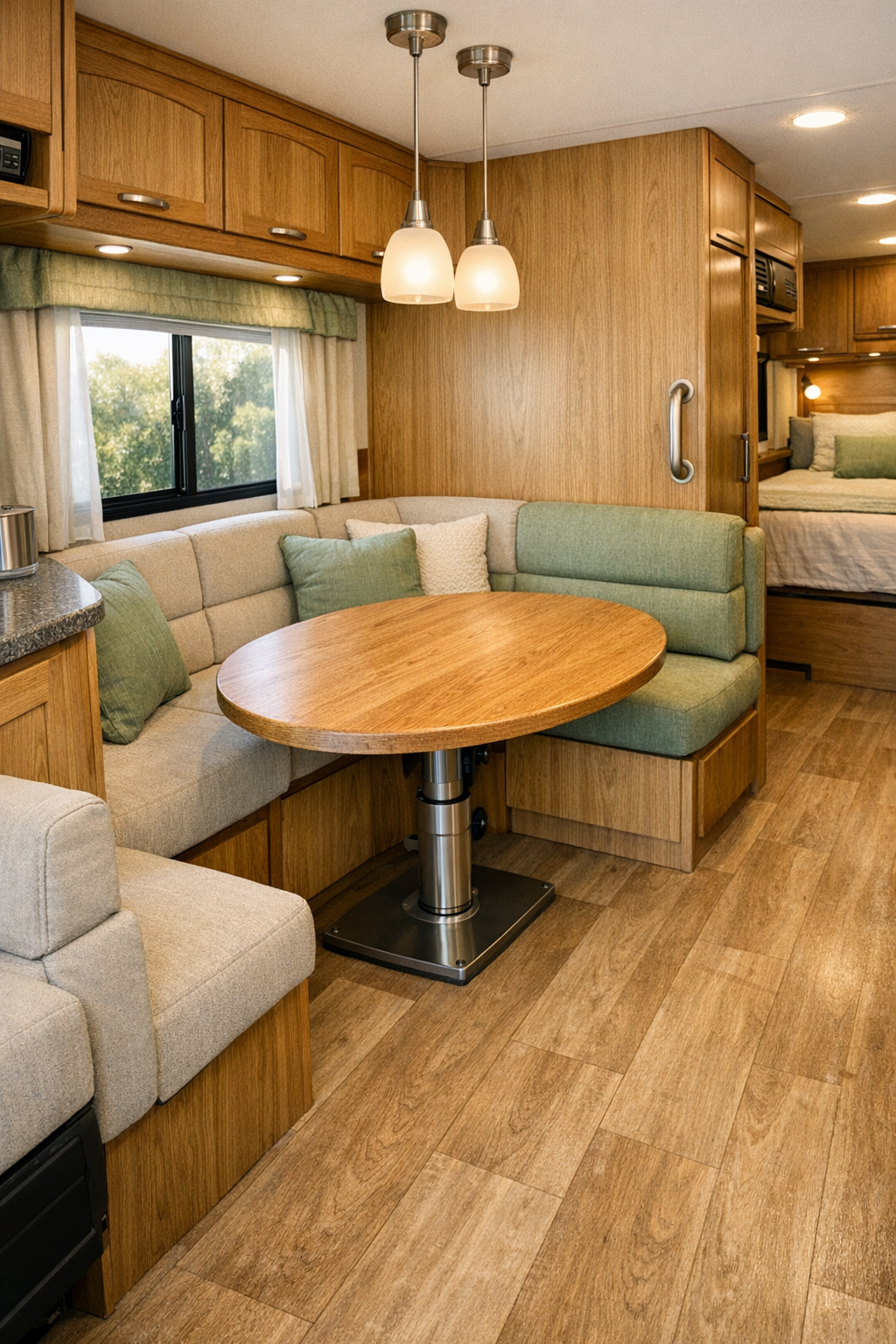 Small RV dining area with rounded table, supportive seating, and warm wood finishes