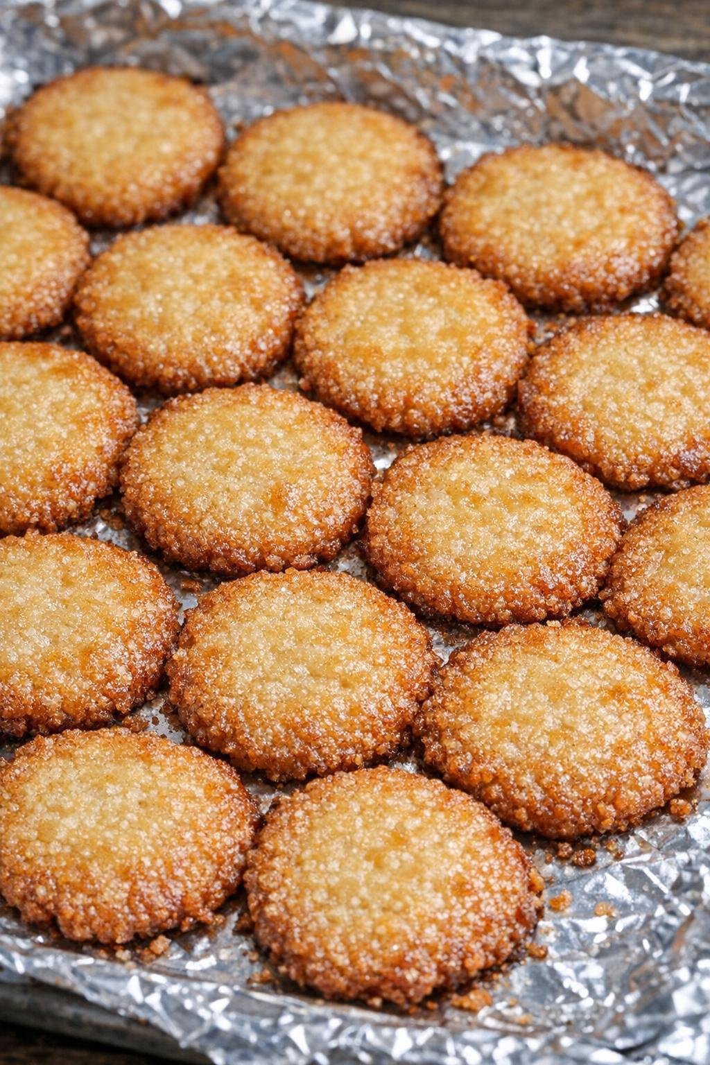 Southern 3-ingredient sharp cheddar pennies on a foil-lined baking tray
