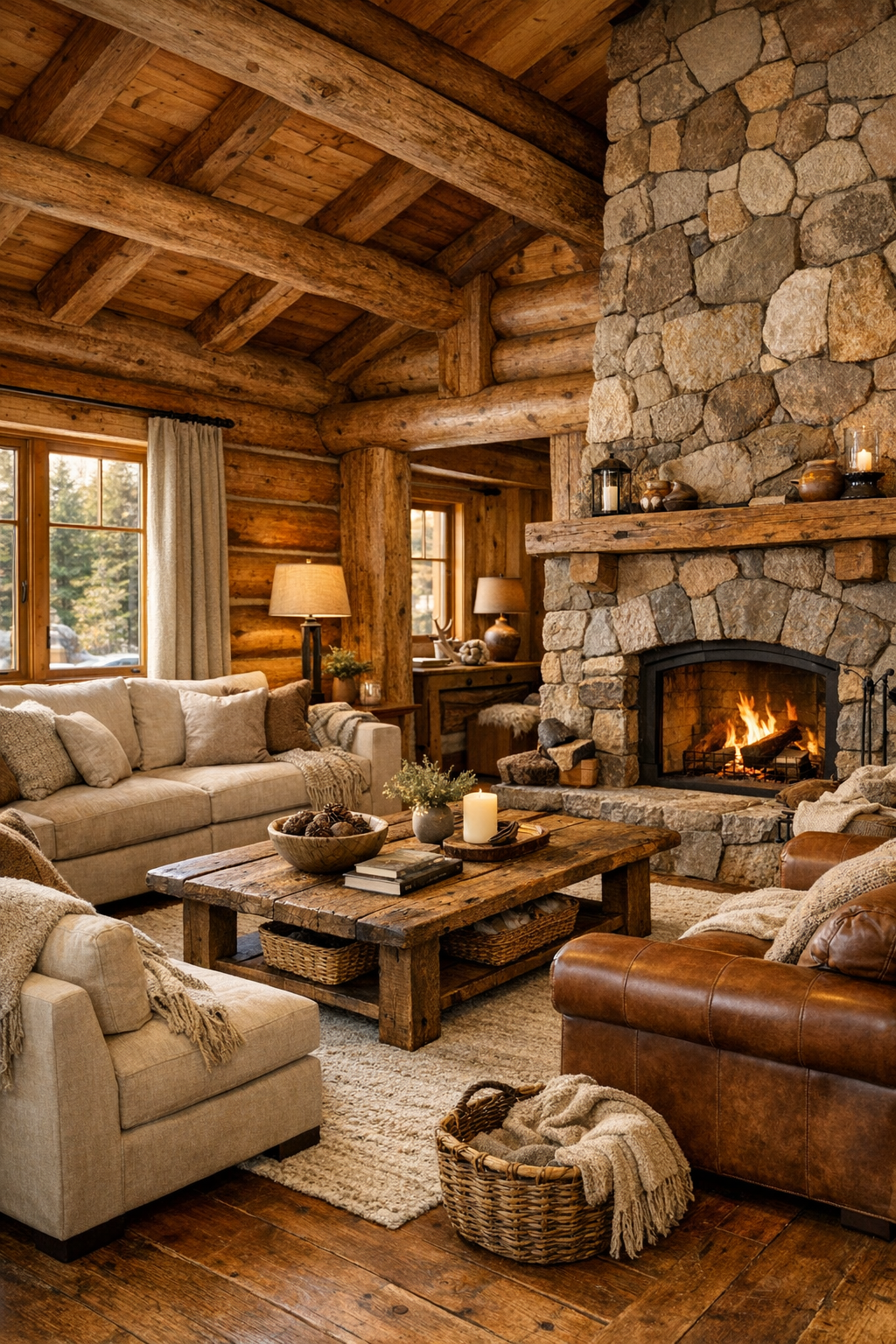 Rustic living room with Douglas fir log walls, a stone fireplace, and soft neutral seating