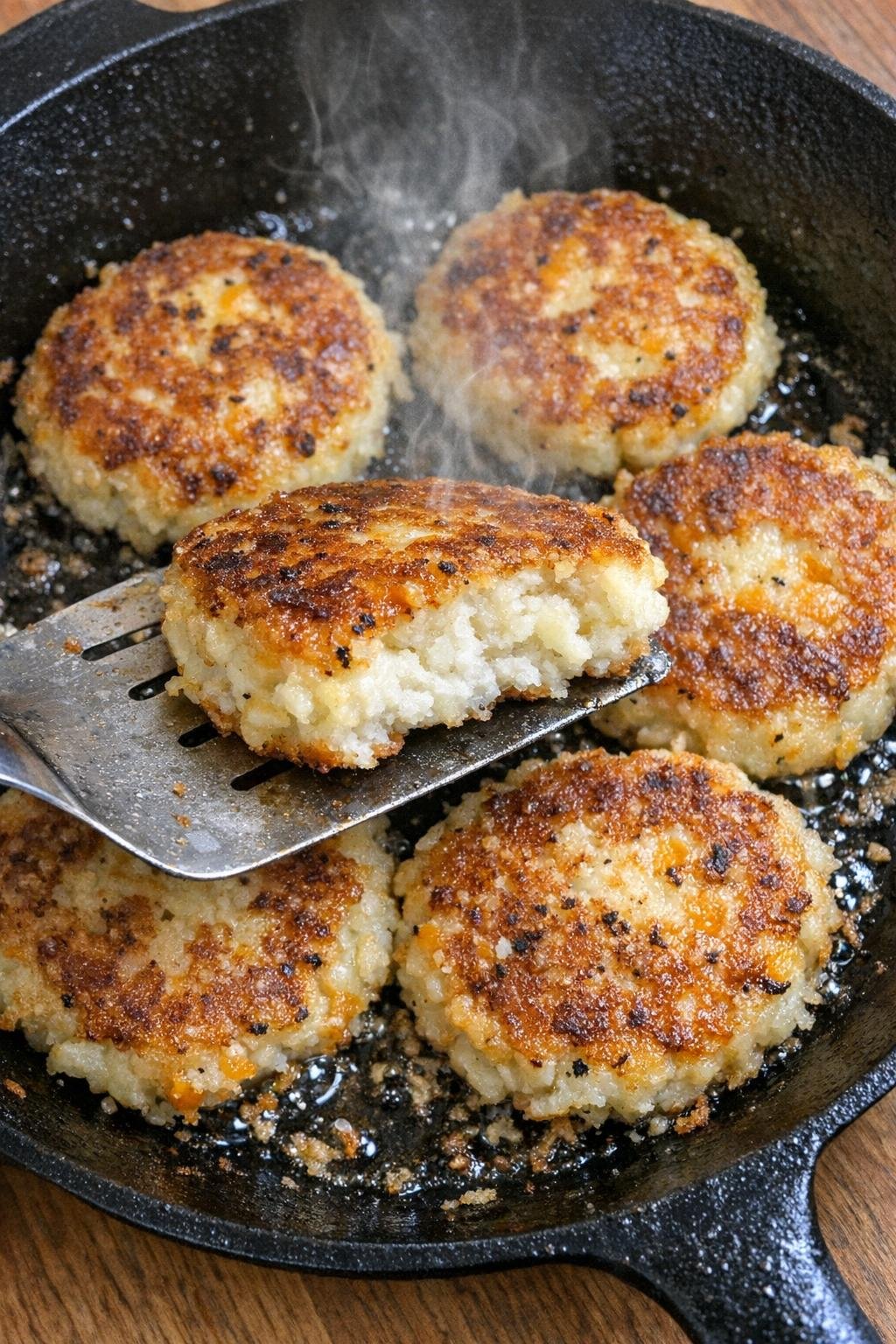 Thick golden potato patties with cheddar in a skillet