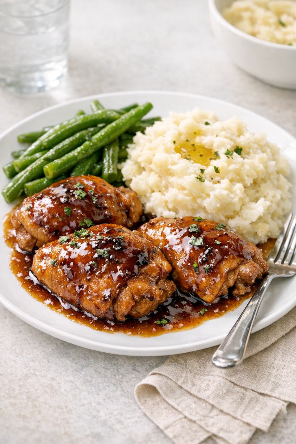 Plated brown sugar chicken with sides