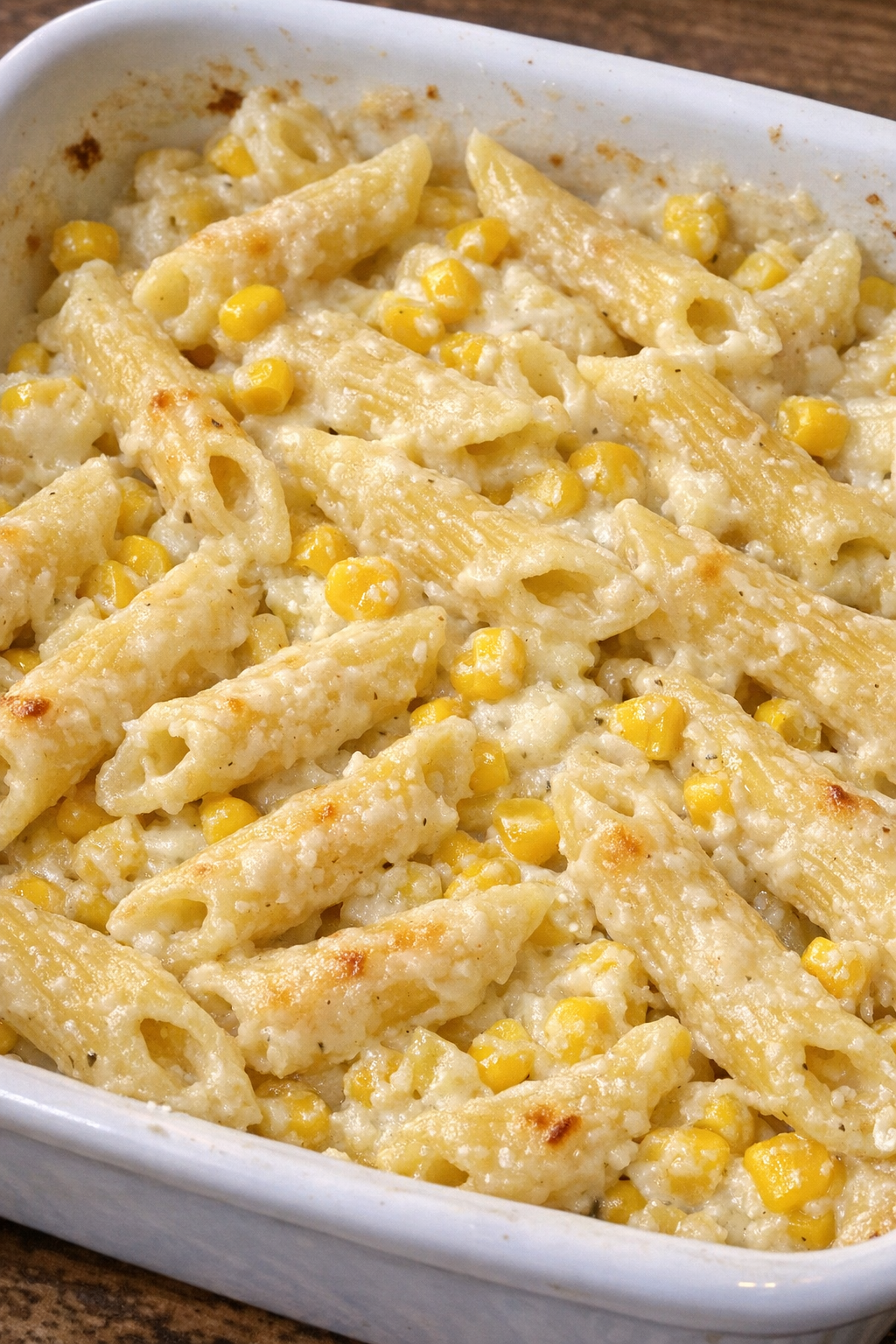 Creamy baked corn penne in a white casserole dish