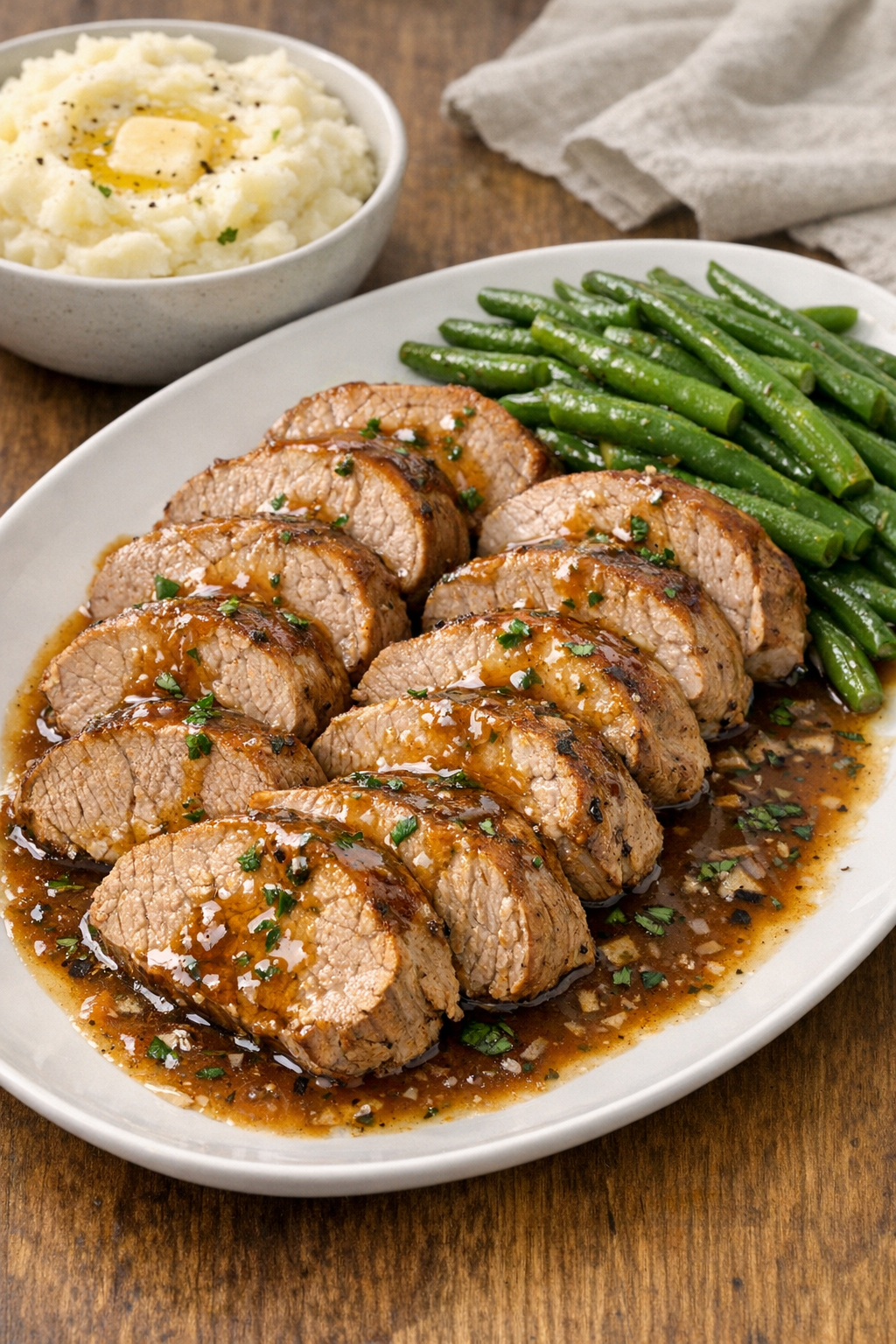Finished sliced pork tenderloin on a platter with sauce