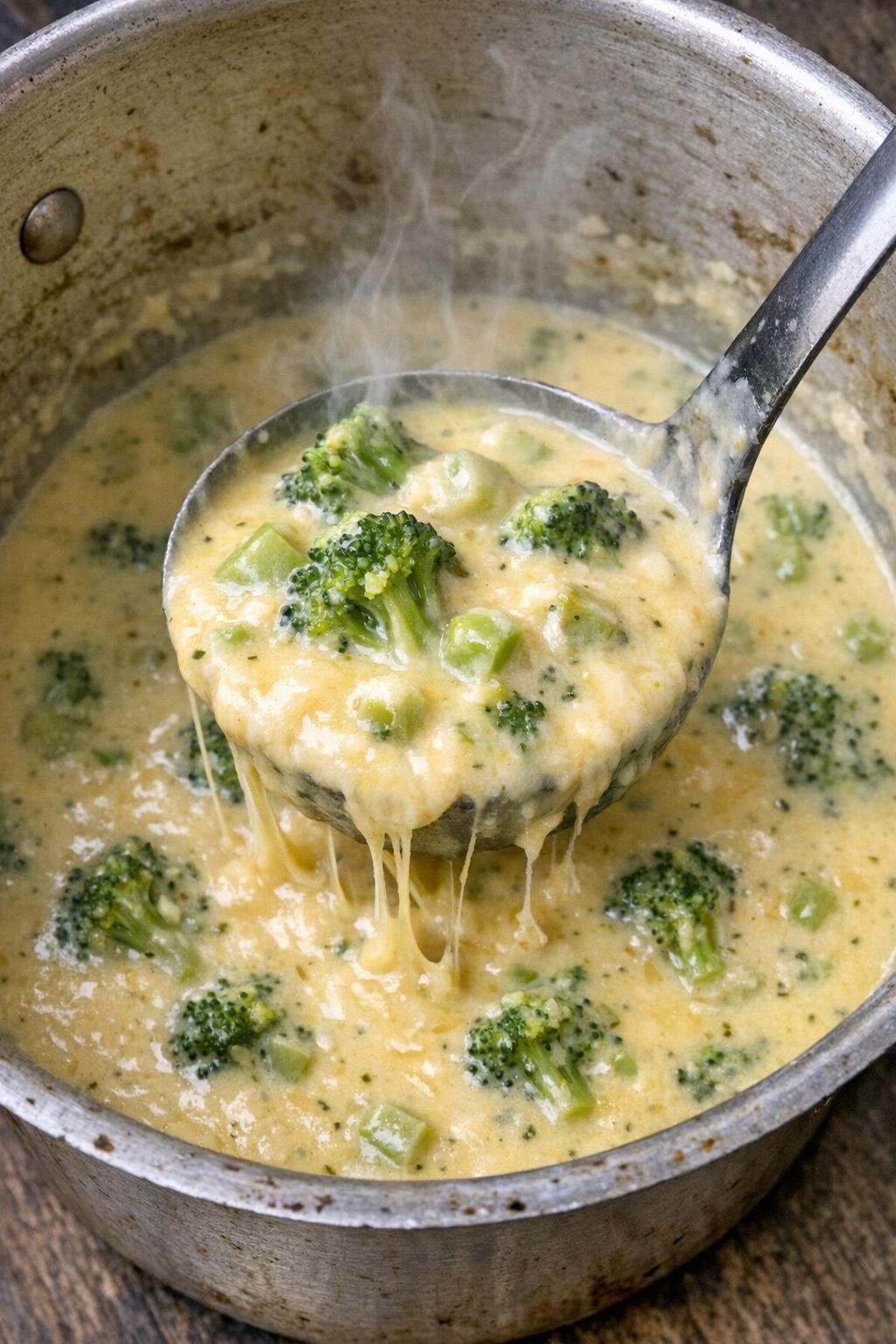 Broccoli cheese soup in a pot with ladle