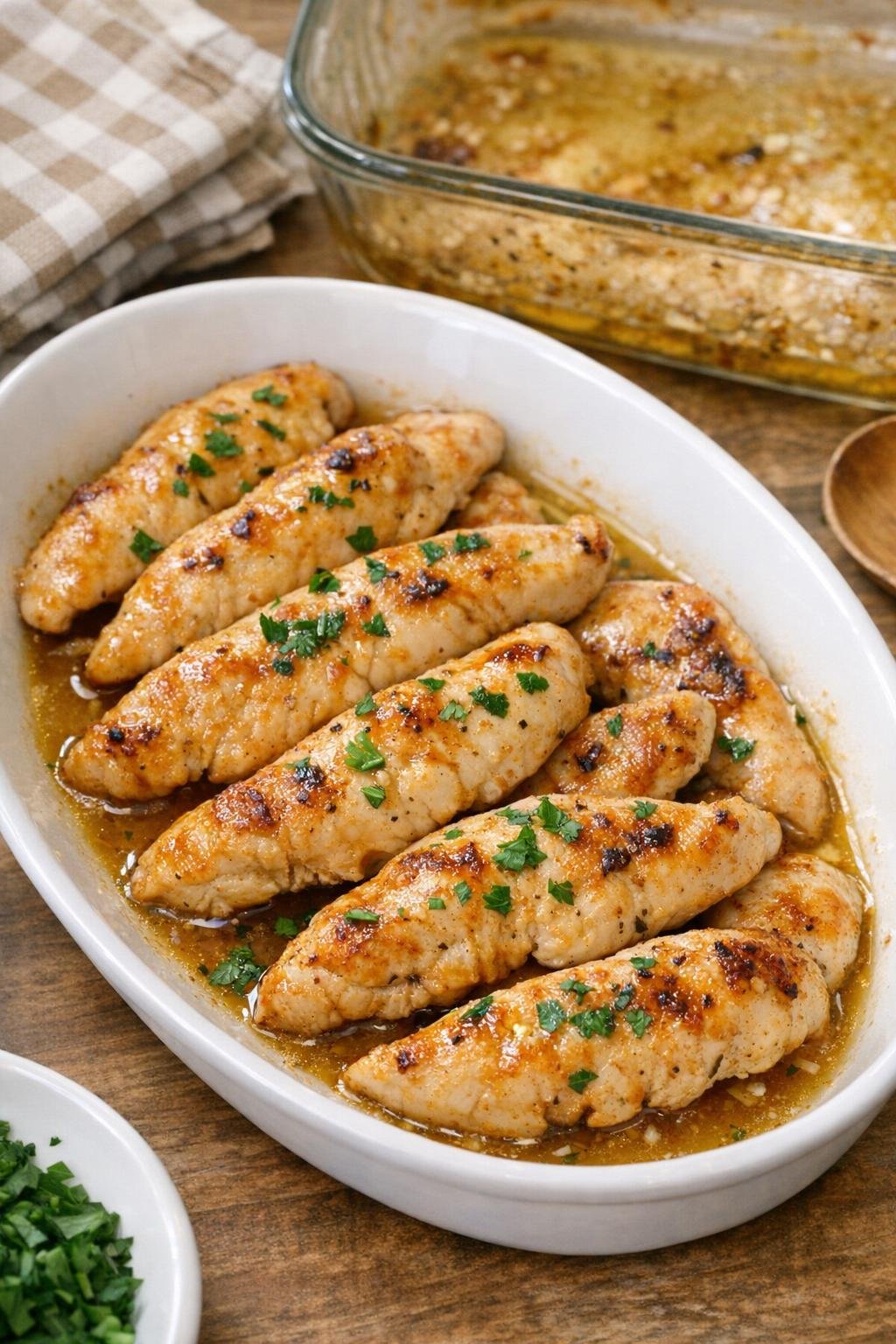 Baked chicken tenderloins plated with pan juices and herbs