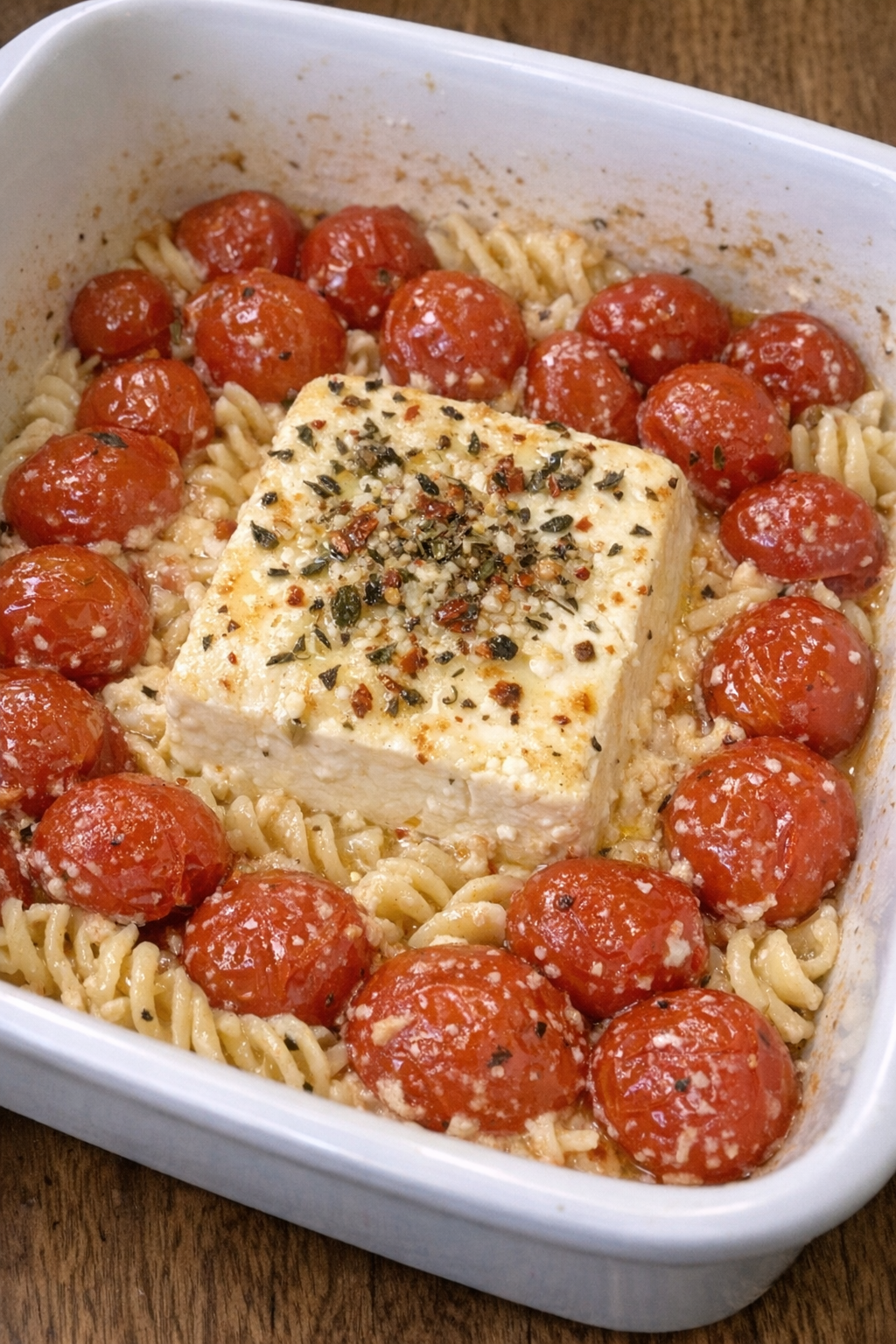 Close up end result of 4-ingredient baked feta pasta in a white baking dish
