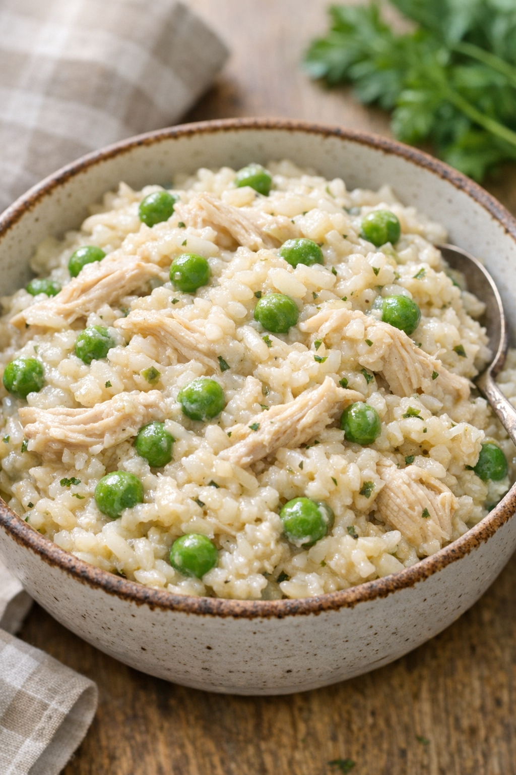 Chicken and rice with peas stirred in