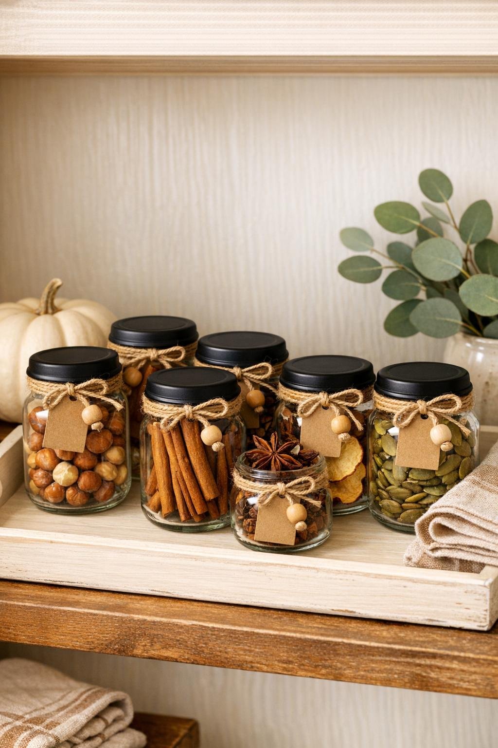 Finished fall pantry storage set made from old glass baby food jars displayed on a kitchen shelf