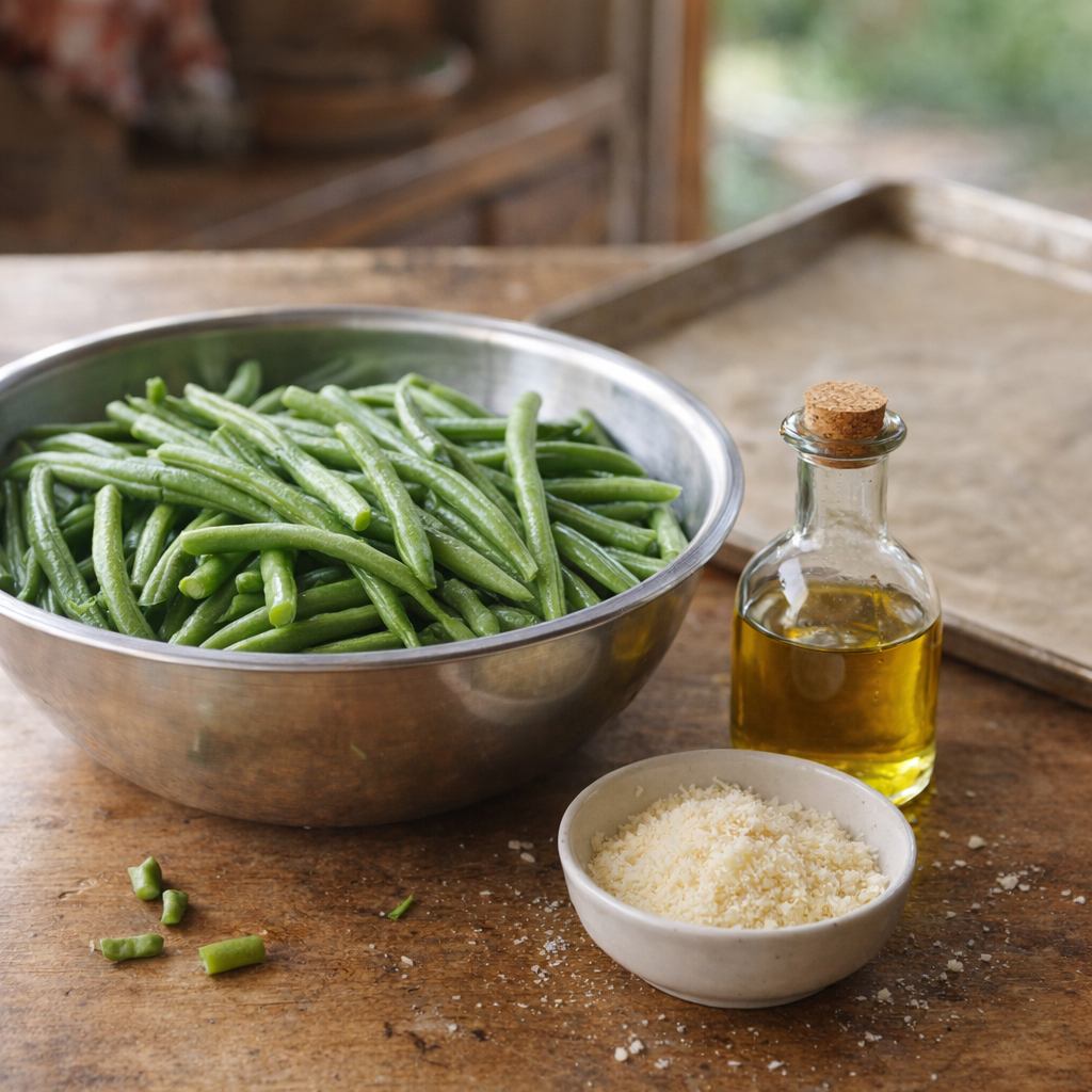 Trimmed green beans and simple ingredients on a farmhouse counter