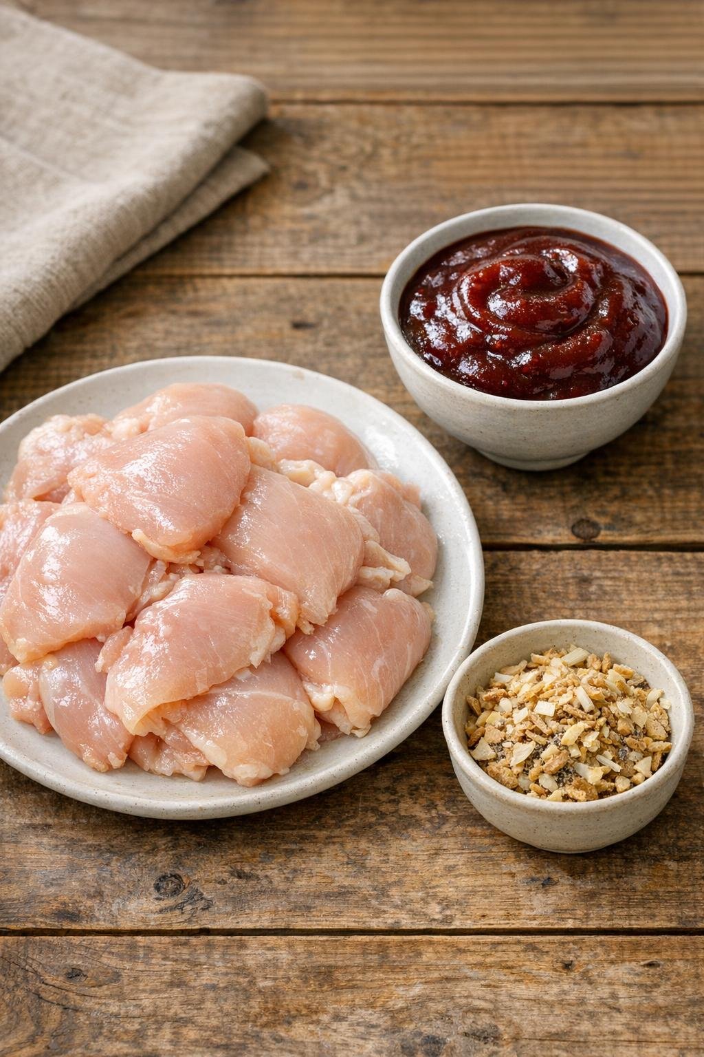 Ingrediënten voor kip, saus en uiensoepmix