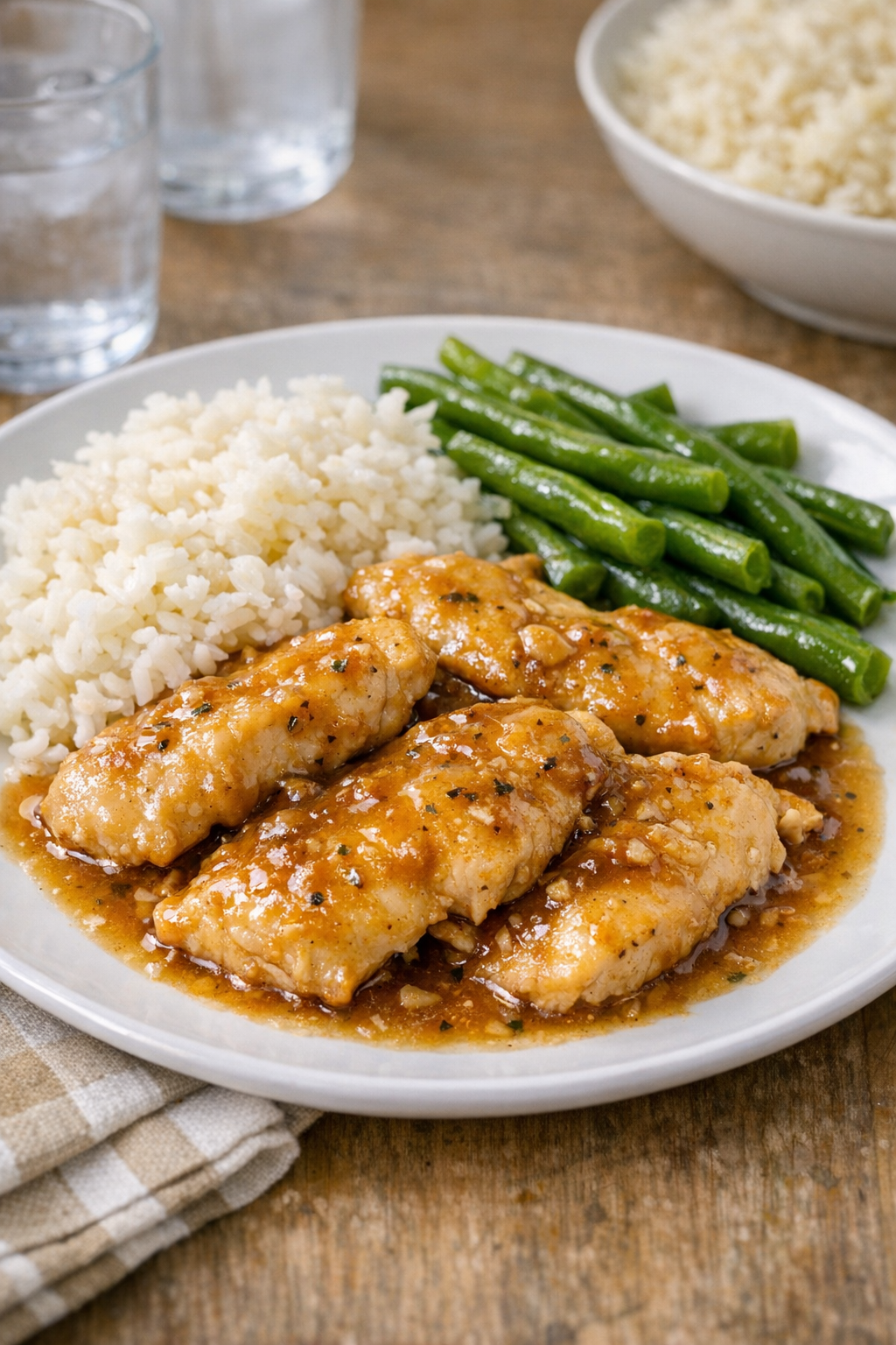 Plated slow cooker chicken with savory sauce