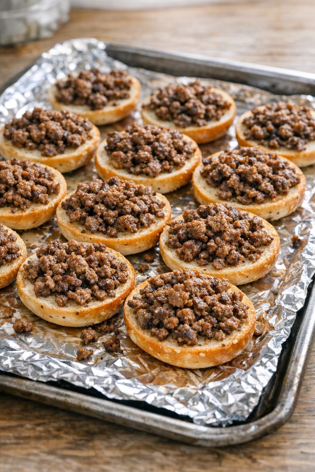 Bagel halves topped with browned ground beef