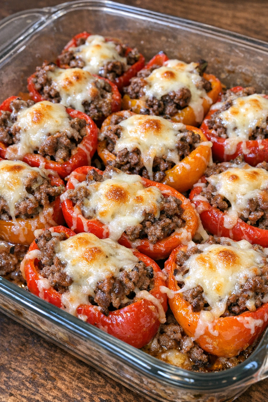 Close up of baked beef stuffed mini peppers