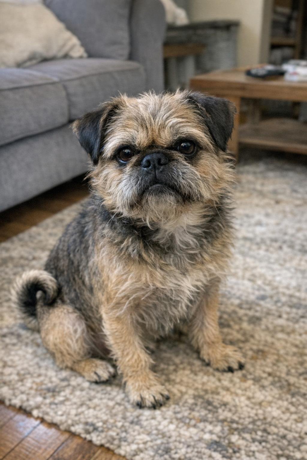 A scruffy terrier-pug mix sitting on a living room rug