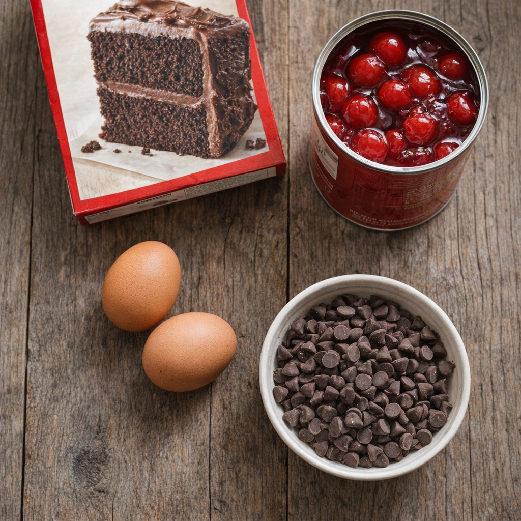 Cake mix, eggs, cherry pie filling, and chocolate chips arranged for baking