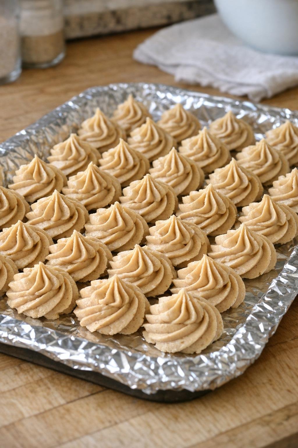 Finished peanut butter cheesecake bites arranged on a foil-lined tray