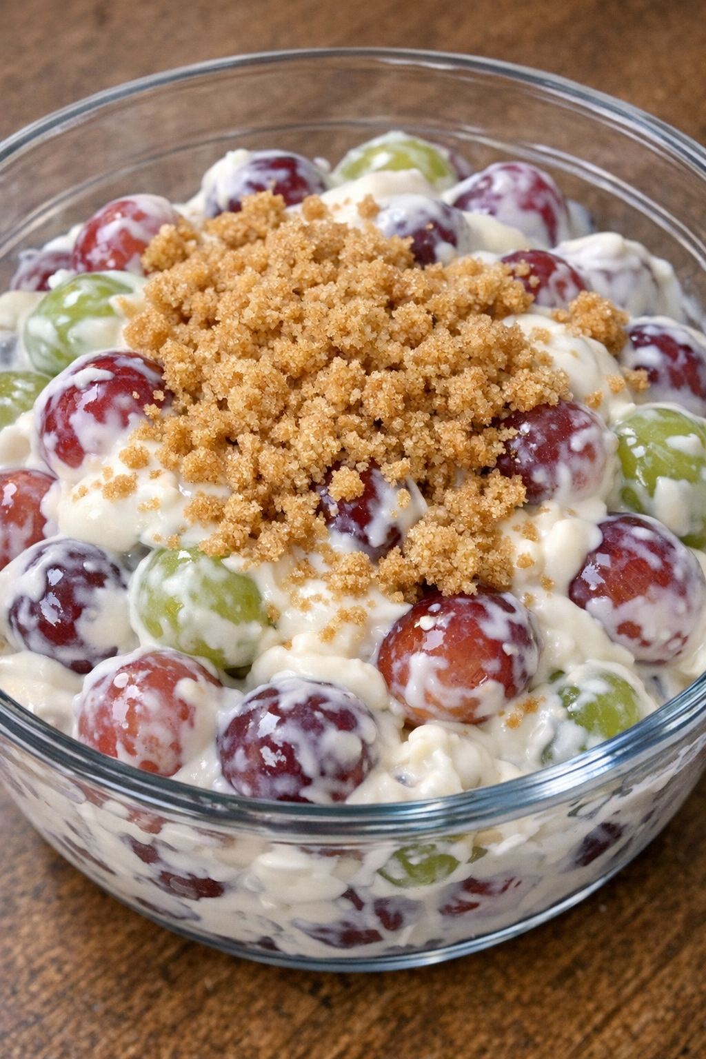 Close-up of 4-ingredient grape salad in a clear glass bowl