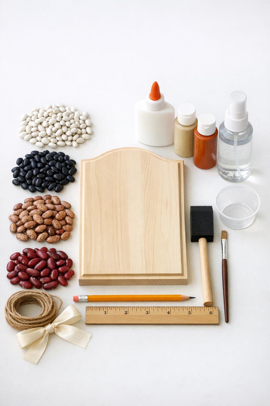 Materials for making a bean mosaic harvest plaque laid out on a table