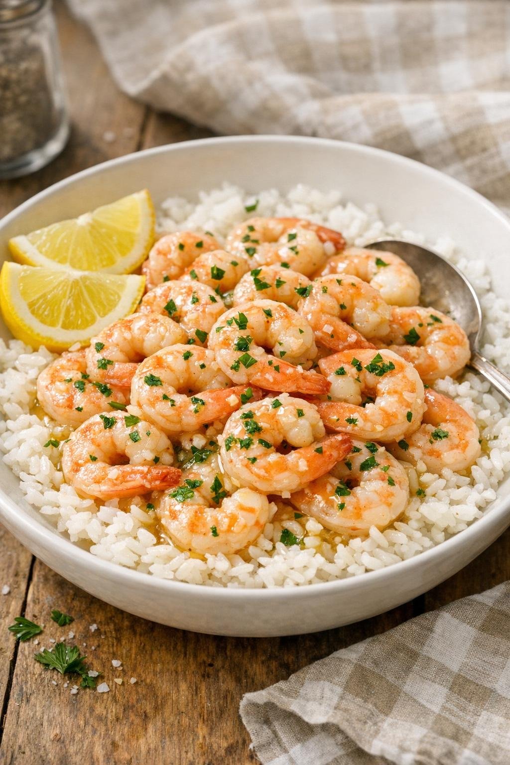 Finished slow cooker garlic butter salad shrimp served over rice