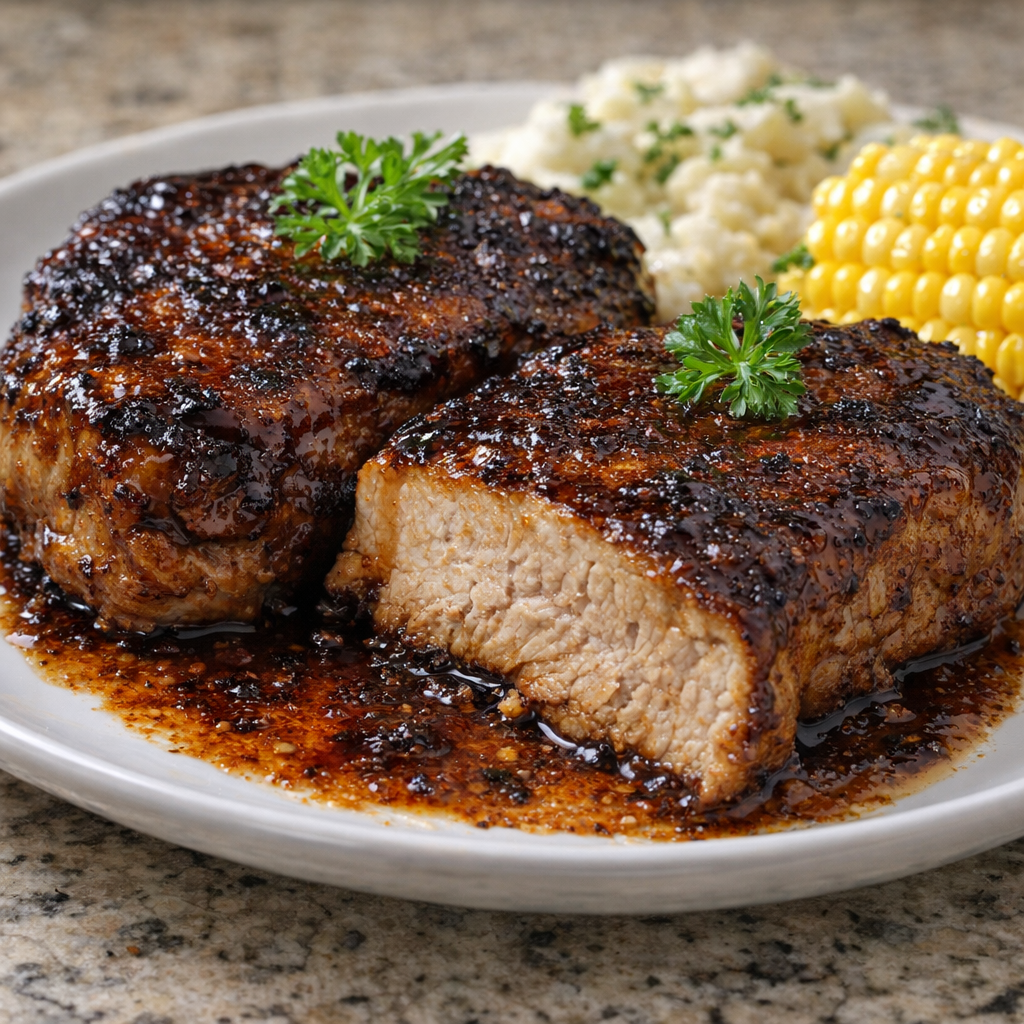 Sliced barbecue pork chop showing juicy interior