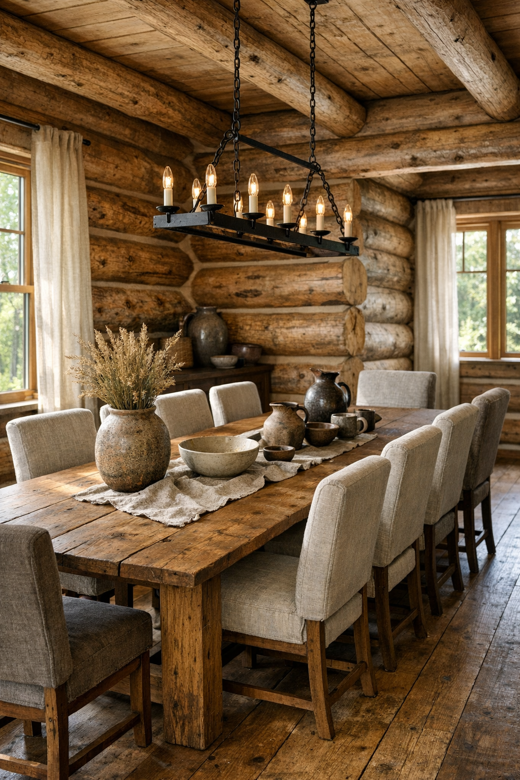 Dining room with solid wood table, log walls, and warm iron lighting