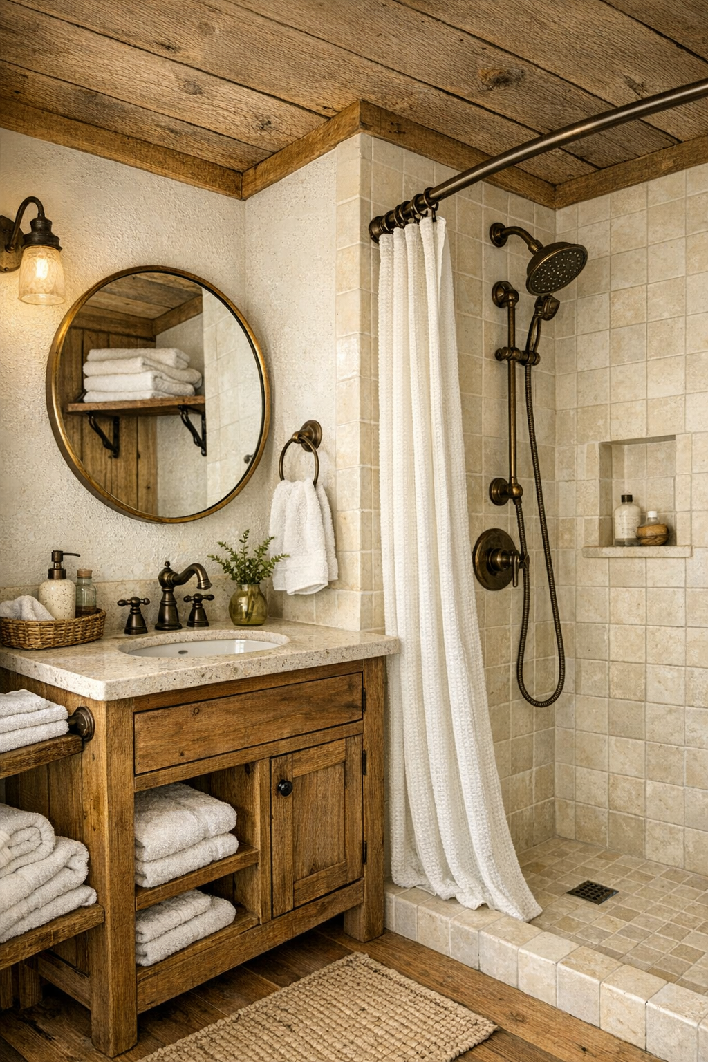 Bright tiny cabin bathroom with compact wood vanity and tiled shower