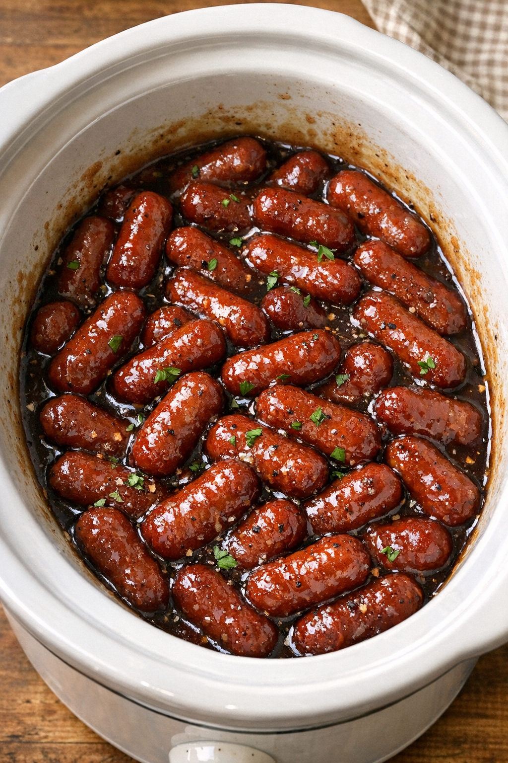 Finished slow cooker beef cocktail smokies in sauce