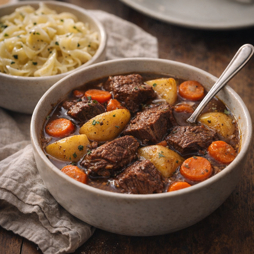 Family-style bowl of beef stew served with buttered noodles