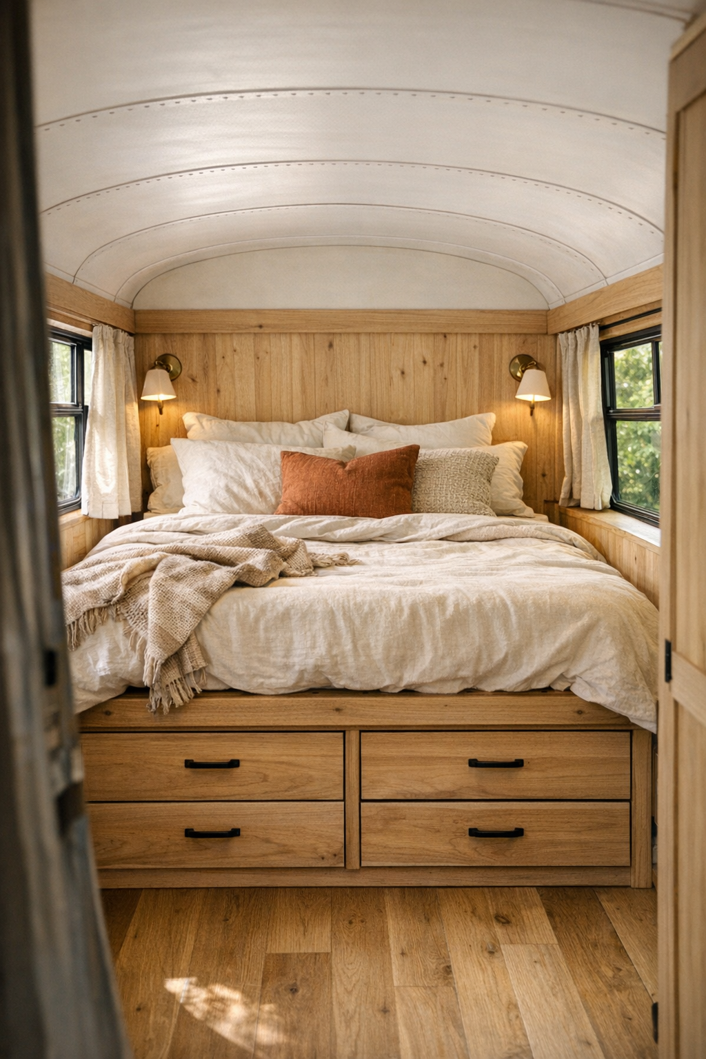 Cozy bedroom in a converted bus with a raised bed platform and soft linen bedding