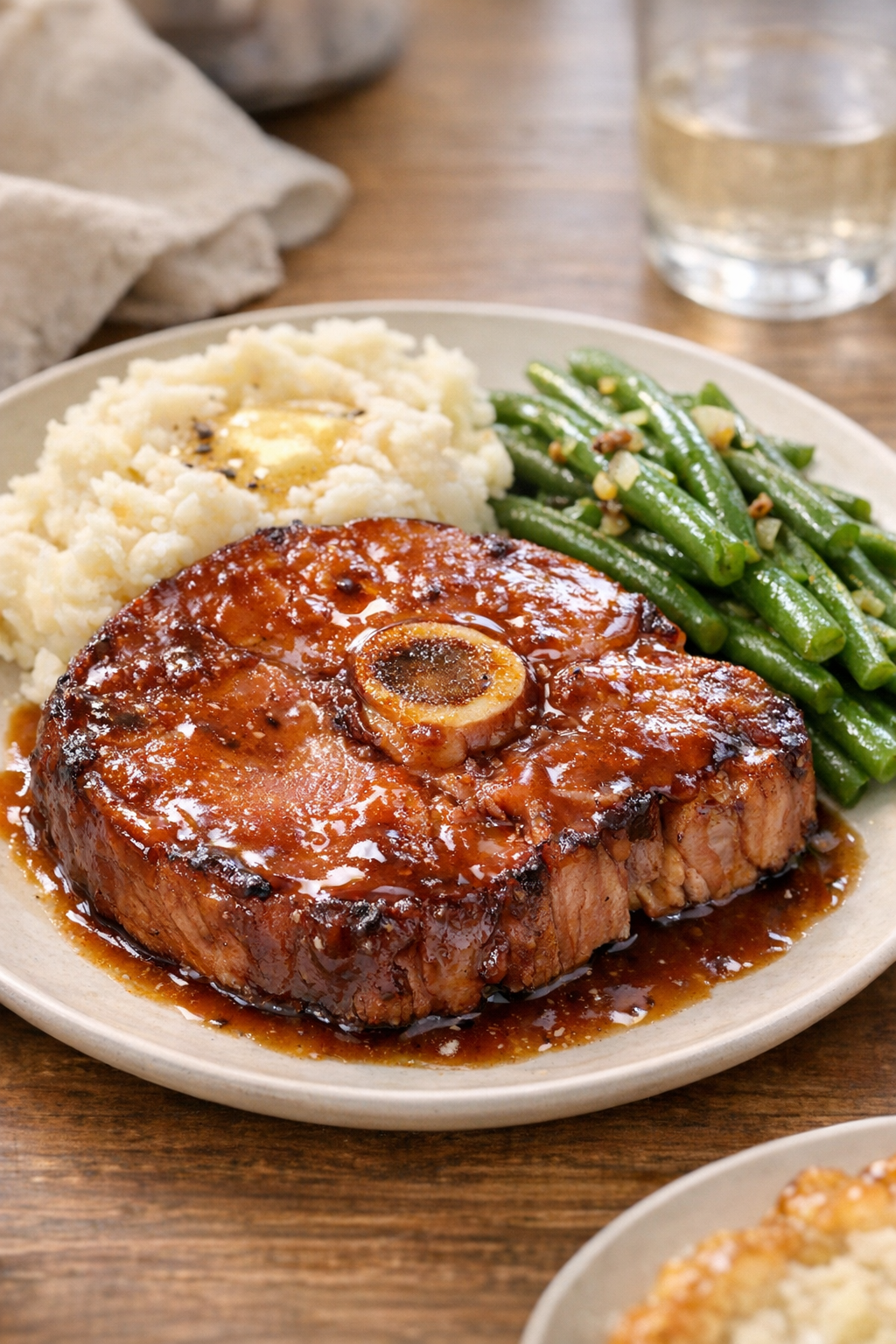 Finished ham steaks plated with glossy sauce