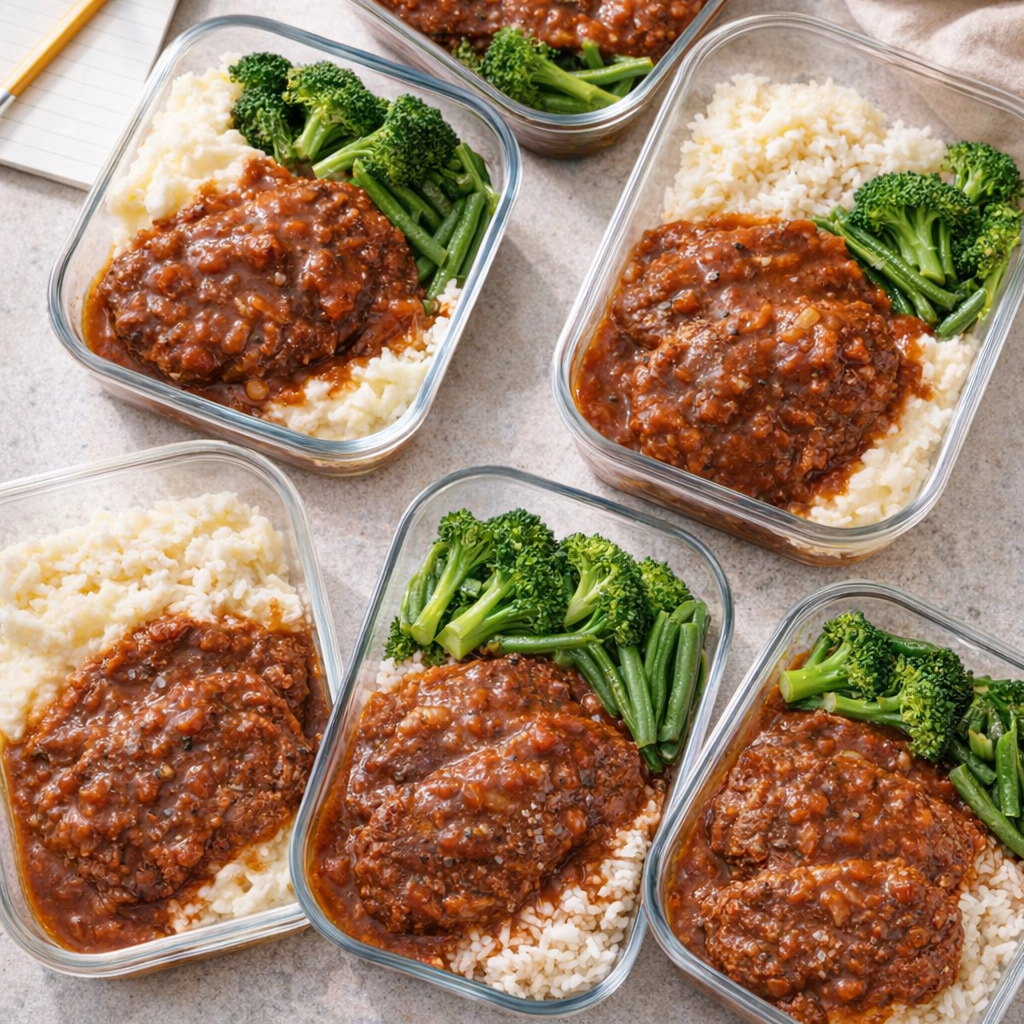 Meal prep containers filled with Swiss steak and sides