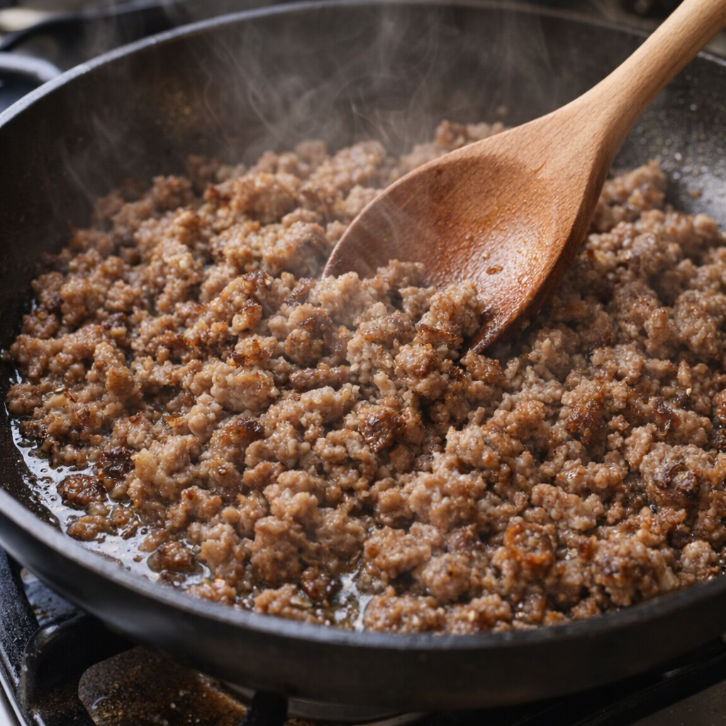 Breakfast sausage browning in a skillet