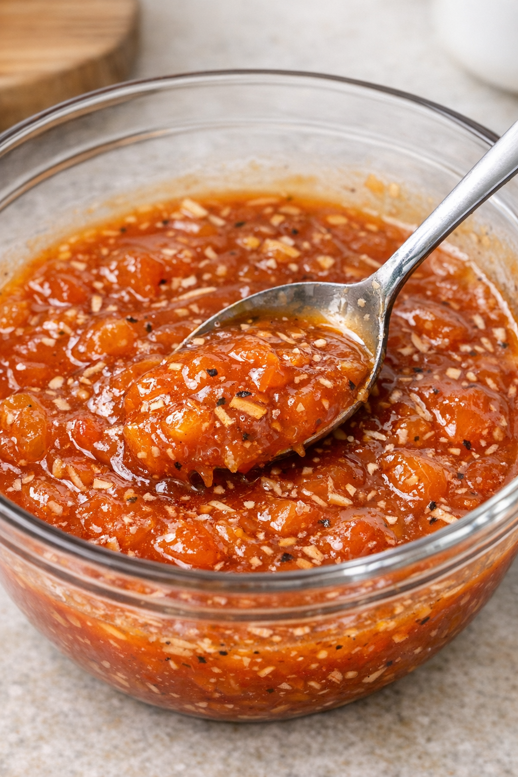 Apricot sauce being mixed in a bowl