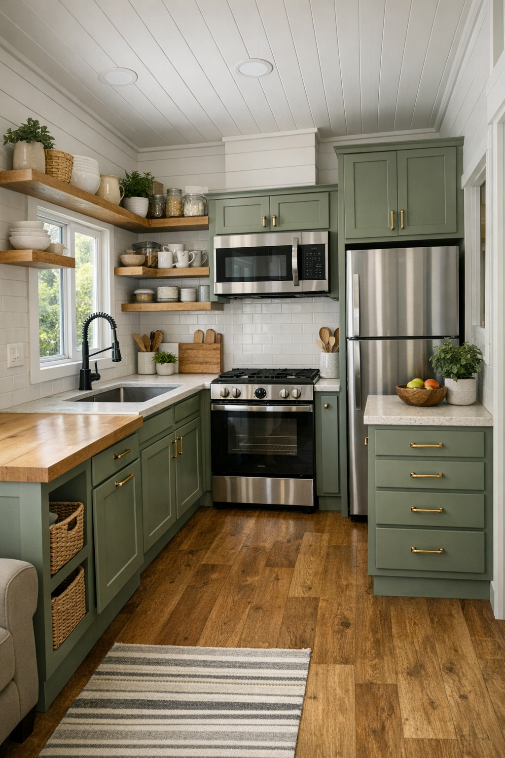Warm sage craftsman kitchen with compact cabinets, wood counters, and tile backsplash