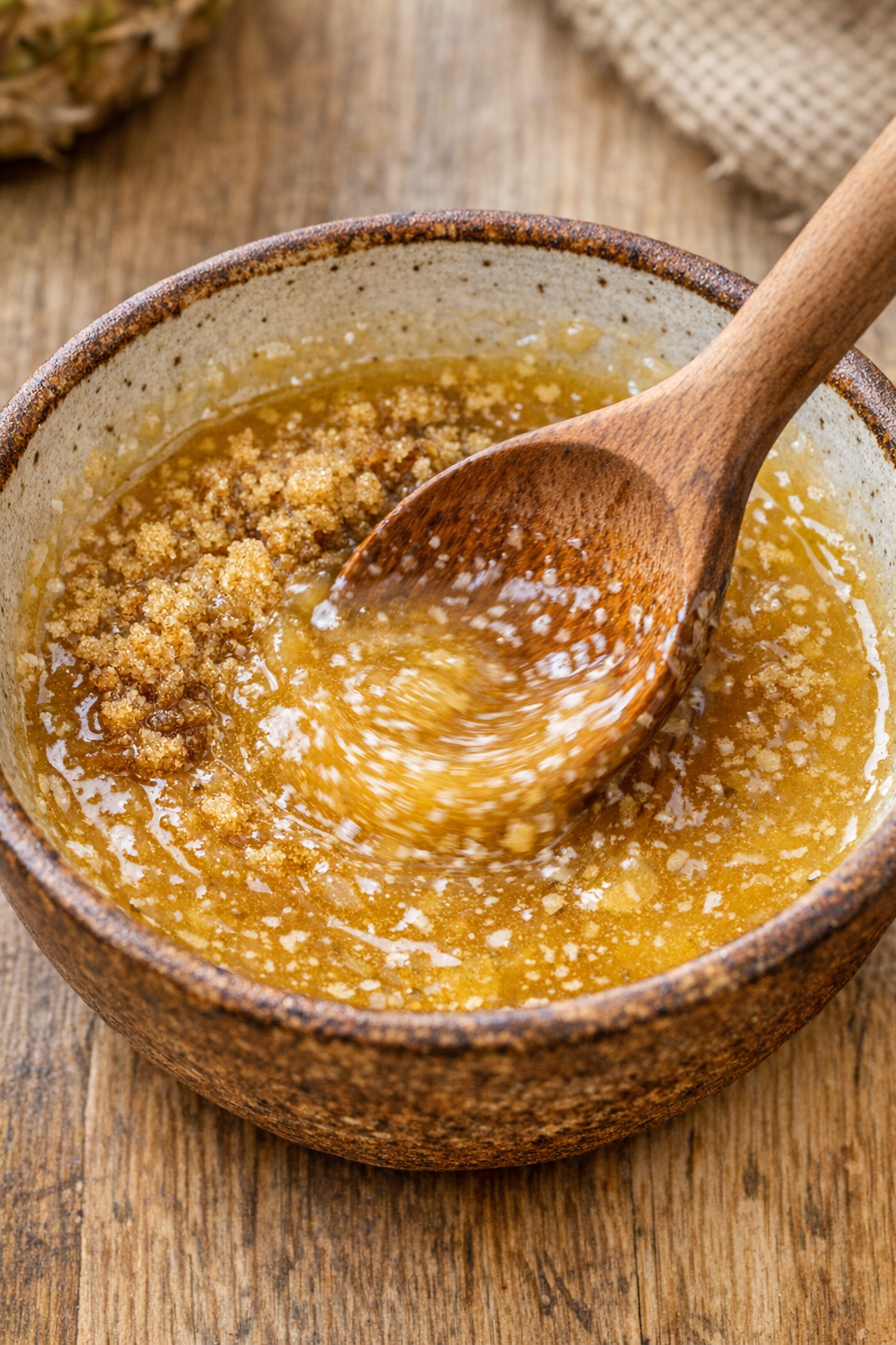 Pineapple juice, brown sugar, and mustard mixed in a bowl