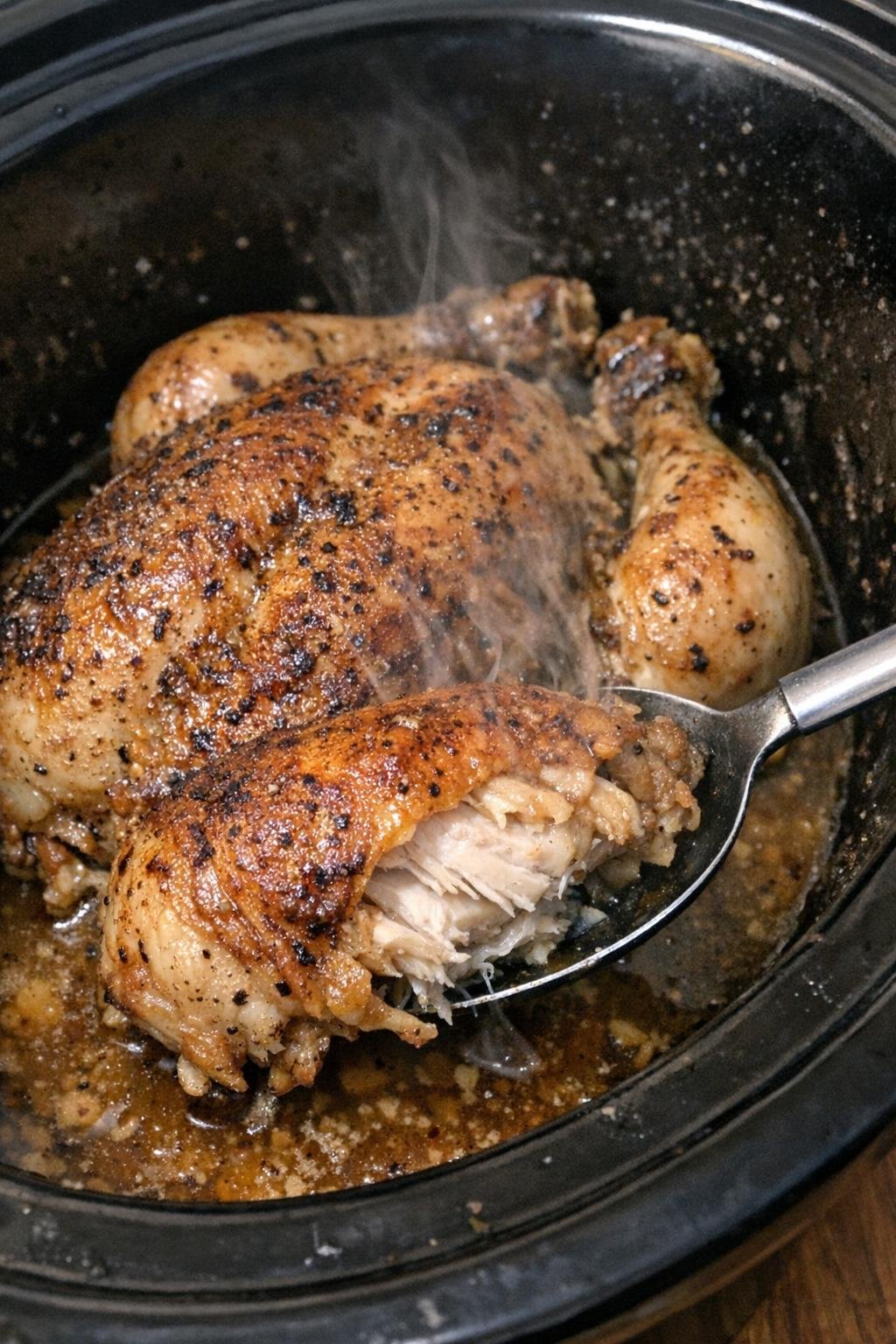 Golden brown whole chicken in a slow cooker