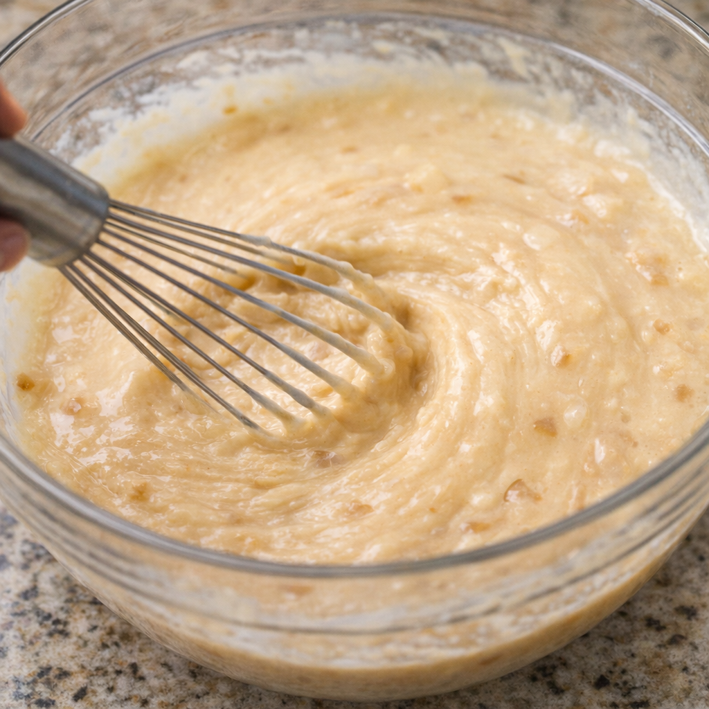 Creamy onion gravy base being whisked in a bowl