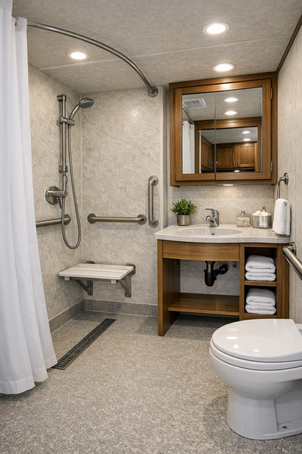 Accessible RV bathroom with curbless shower, grab bars, and pale finishes