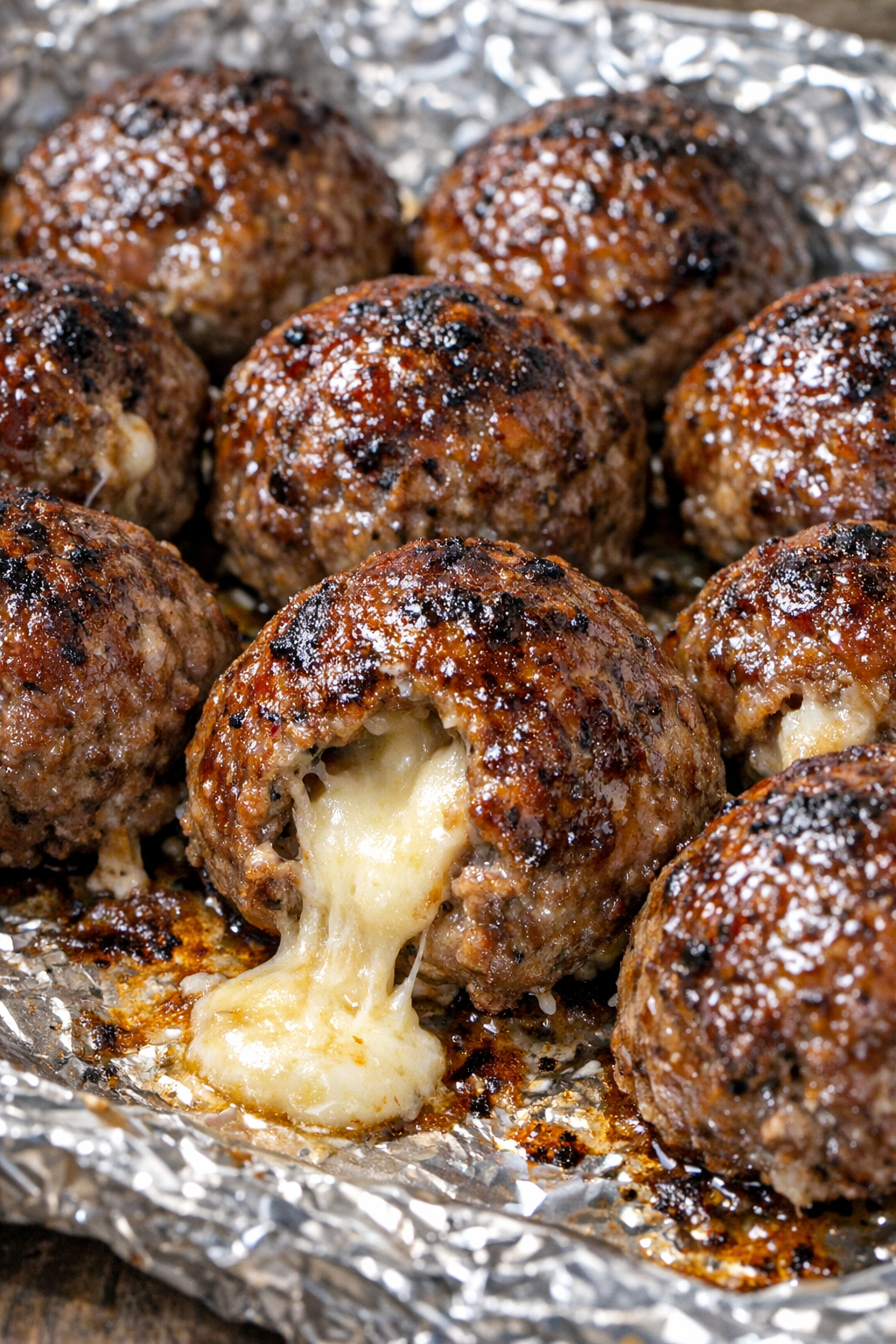 Low carb mozzarella meatball bombs on a foil tray