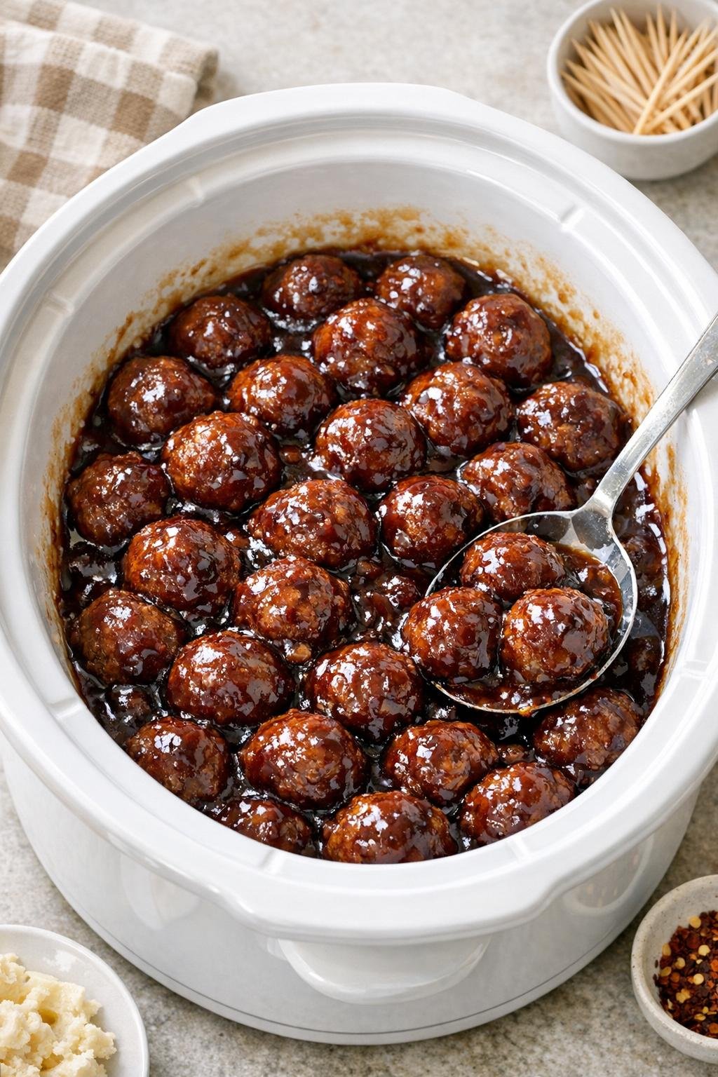 Finished grape jelly meatballs in a white slow cooker