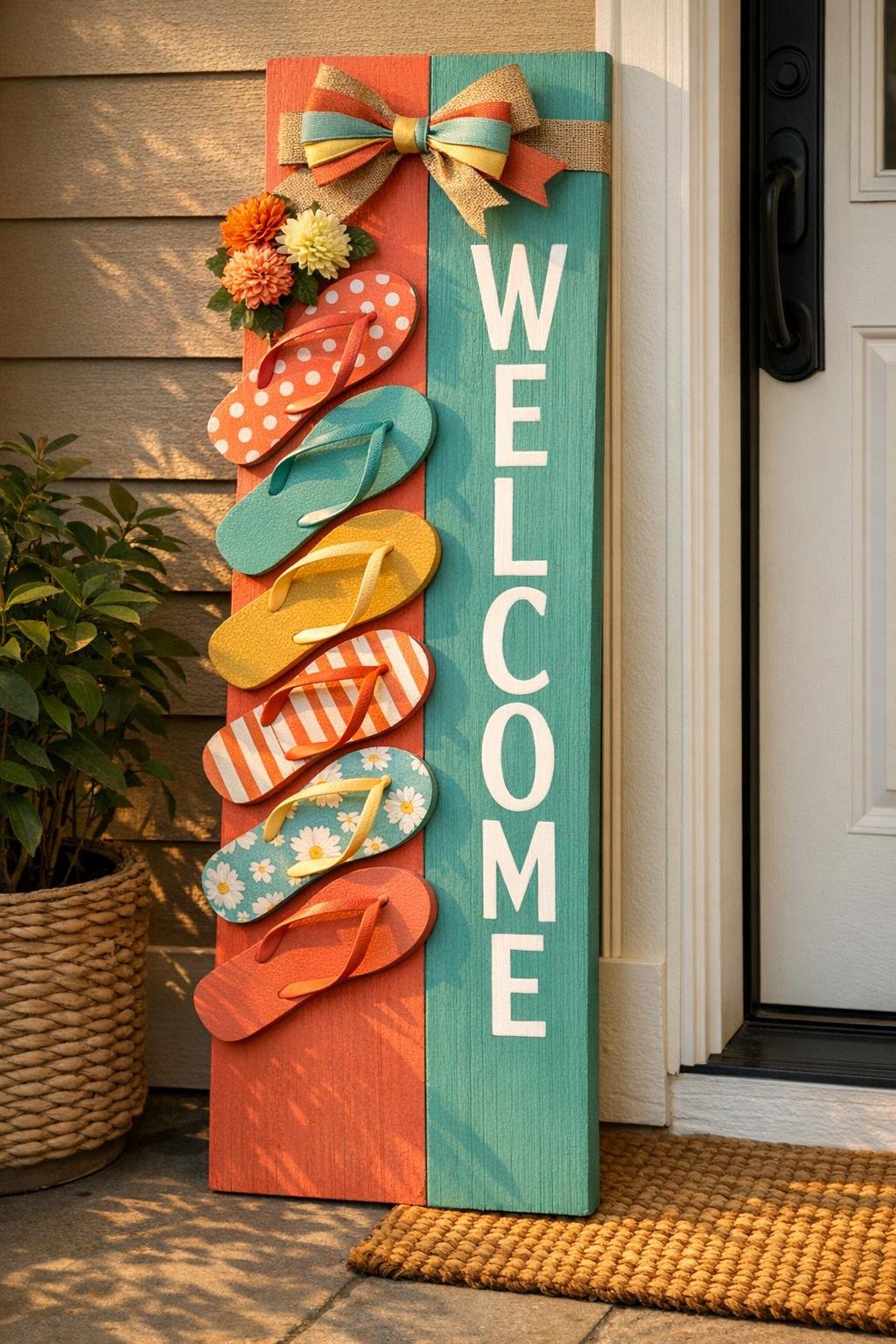 Finished flip flop welcome sign on a front porch