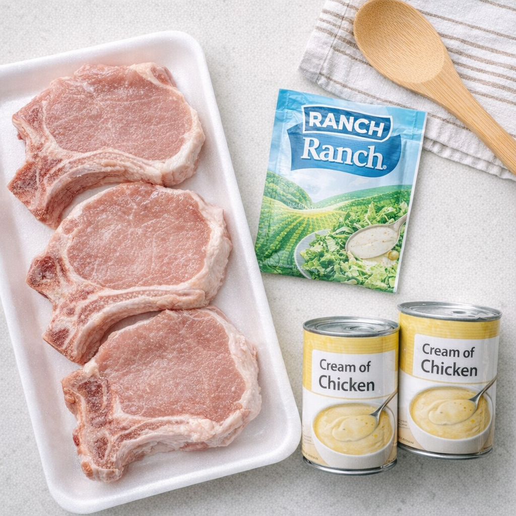 Three simple ingredients for ranch pork chops on kitchen counter