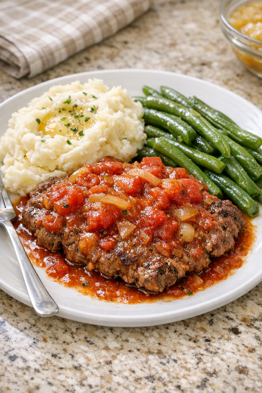 Finished Amish Swiss steak plated with tomato gravy