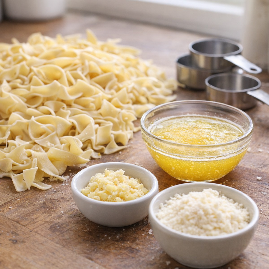 Simple garlic parmesan noodle ingredients arranged on a kitchen counter