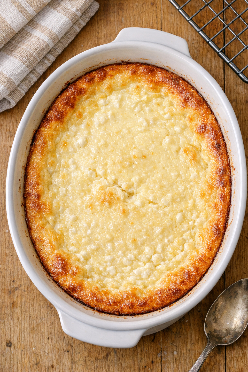 Finished baked cottage cheese dessert in casserole dish
